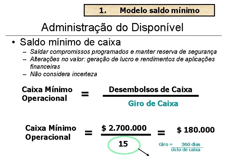 1. Modelo saldo mínimo Administração do Disponível • Saldo mínimo de caixa – Saldar
