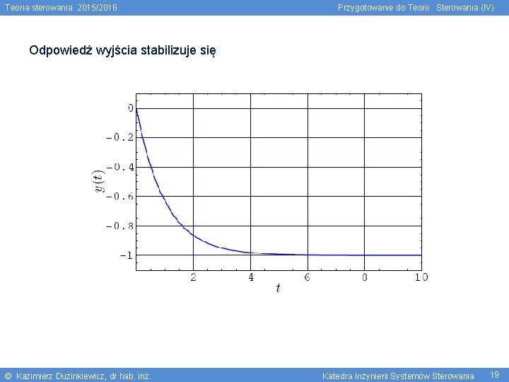 Teoria sterowania 2015/2016 Przygotowanie do Teorii Sterowania (IV) Odpowiedź wyjścia stabilizuje się © Kazimierz