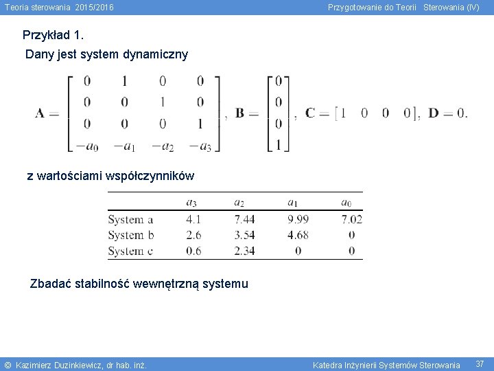 Teoria sterowania 2015/2016 Przygotowanie do Teorii Sterowania (IV) Przykład 1. Dany jest system dynamiczny