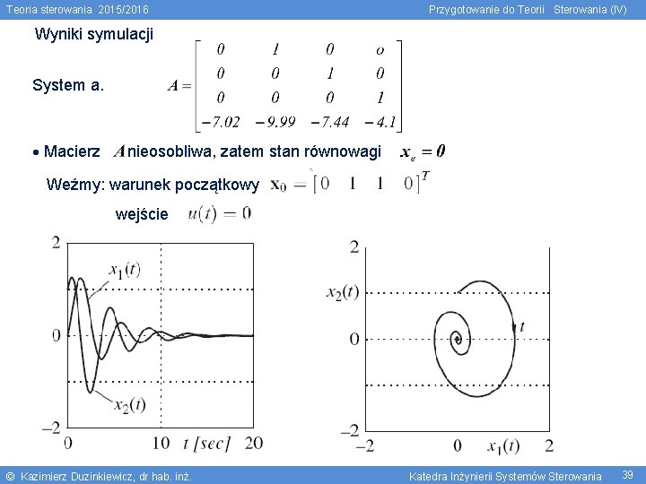 Teoria sterowania 2015/2016 Przygotowanie do Teorii Sterowania (IV) Wyniki symulacji System a. Macierz nieosobliwa,