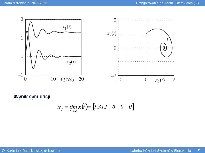 Teoria sterowania 2015/2016 Przygotowanie do Teorii Sterowania (IV) Wynik symulacji © Kazimierz Duzinkiewicz, dr