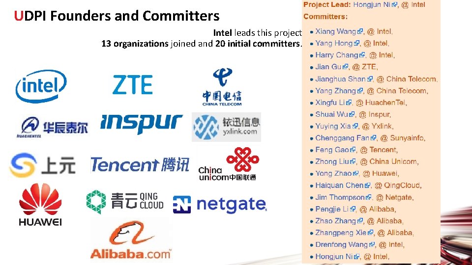 UDPI Founders and Committers Intel leads this project. 13 organizations joined and 20 initial
