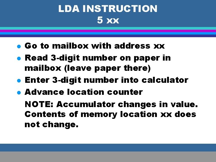 LDA INSTRUCTION 5 xx l l Go to mailbox with address xx Read 3