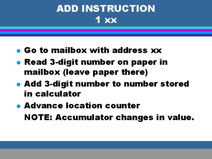 ADD INSTRUCTION 1 xx l l Go to mailbox with address xx Read 3