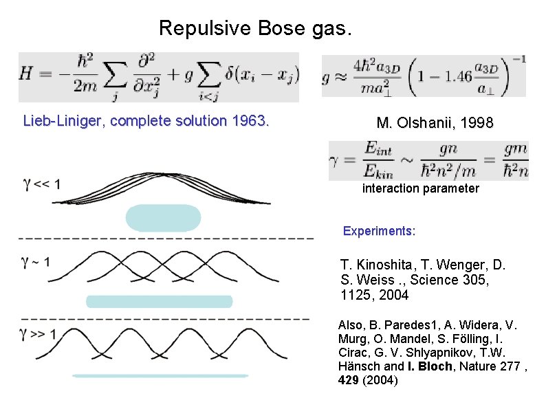 Repulsive Bose gas. Lieb-Liniger, complete solution 1963. M. Olshanii, 1998 interaction parameter Experiments: T.