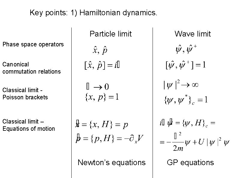 Key points: 1) Hamiltonian dynamics. Particle limit Wave limit Newton’s equations GP equations Phase