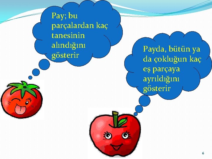 Pay; bu parçalardan kaç tanesinin alındığını gösterir Payda, bütün ya da çokluğun kaç eş