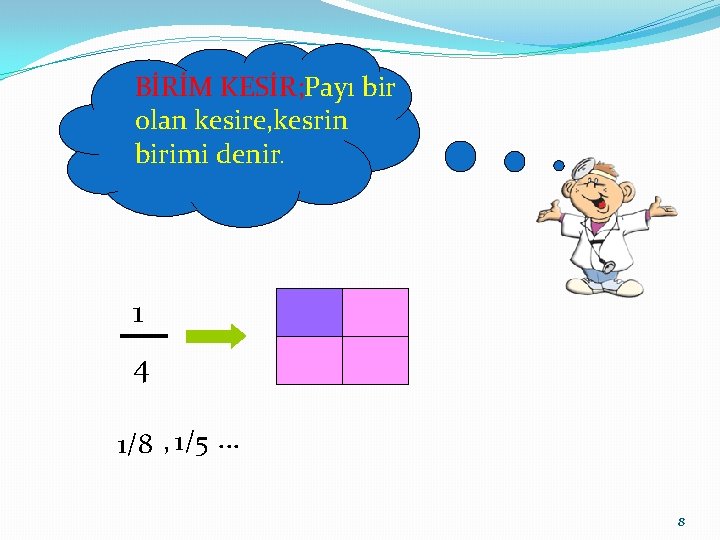 BİRİM KESİR; Payı bir olan kesire, kesrin birimi denir. 1 4 1/8 , 1/5