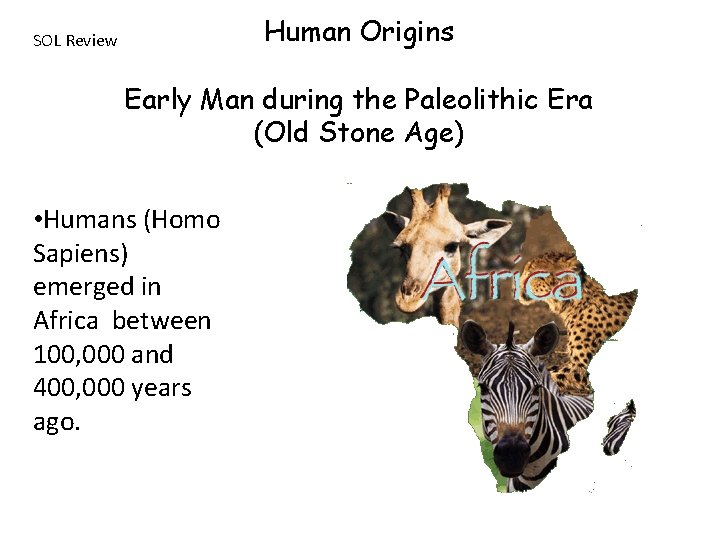 Human Origins SOL Review Early Man during the Paleolithic Era (Old Stone Age) •