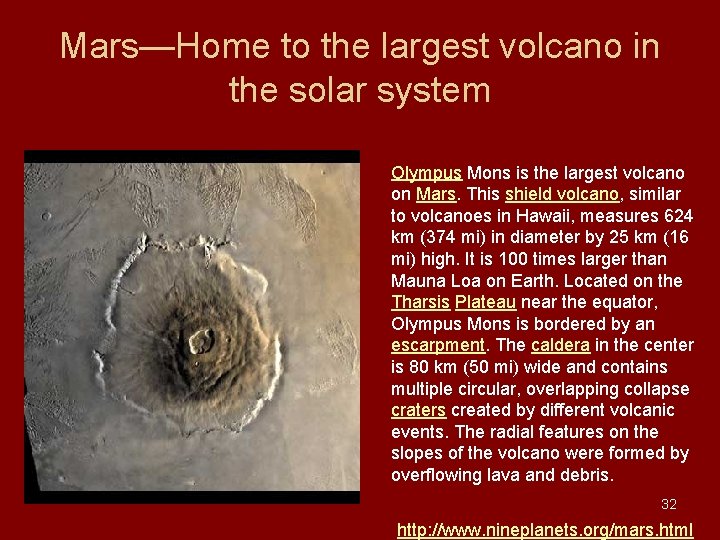Mars—Home to the largest volcano in the solar system Olympus Mons is the largest Mars—Home to the largest volcano in the solar system Olympus Mons is the largest