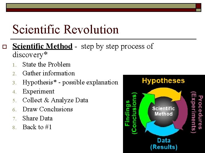 Scientific Revolution o Scientific Method - step by step process of discovery* 1. 2.