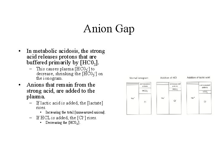 Anion Gap • In metabolic acidosis, the strong acid releases protons that are buffered Anion Gap • In metabolic acidosis, the strong acid releases protons that are buffered