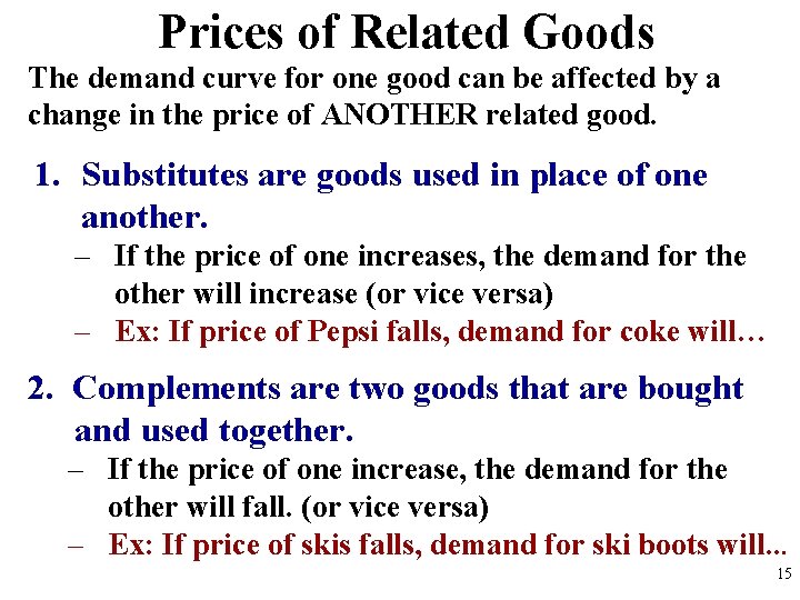 Prices of Related Goods The demand curve for one good can be affected by