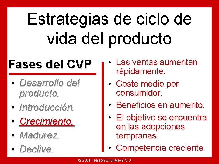 Estrategias de ciclo de vida del producto Fases del CVP • Desarrollo del producto.