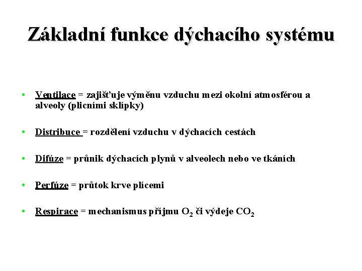 Základní funkce dýchacího systému • Ventilace = zajišťuje výměnu vzduchu mezi okolní atmosférou a