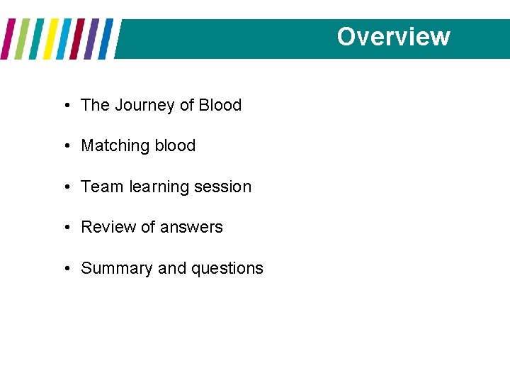 Overview • The Journey of Blood • Matching blood • Team learning session •