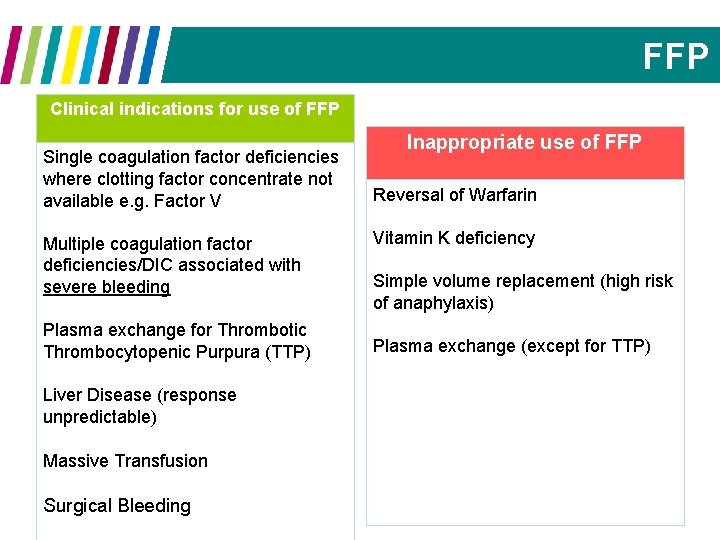 FFP Clinical indications for use of FFP Single coagulation factor deficiencies where clotting factor