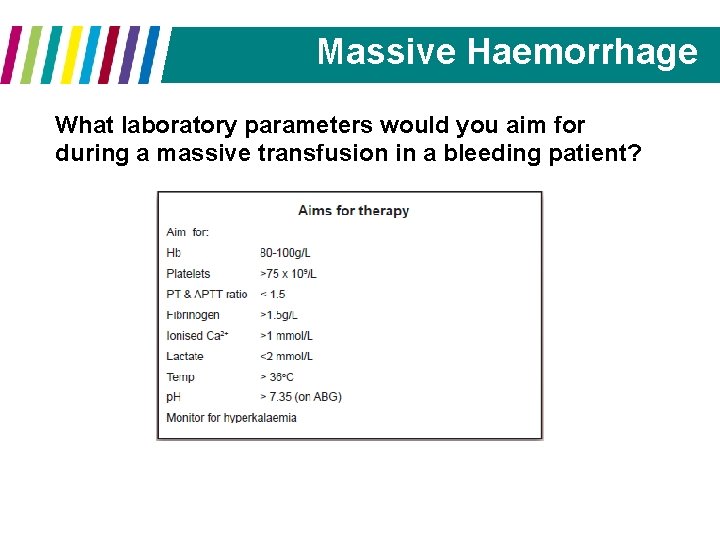 Massive Haemorrhage What laboratory parameters would you aim for during a massive transfusion in