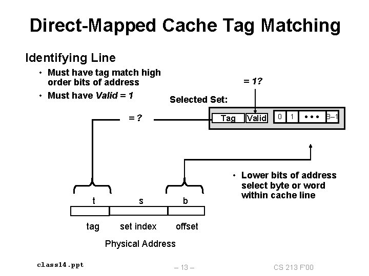 Direct-Mapped Cache Tag Matching Identifying Line • Must have tag match high order bits