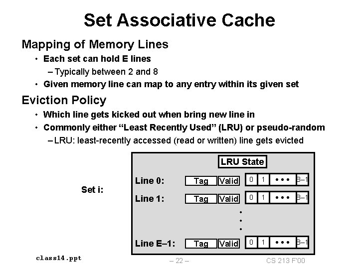 Set Associative Cache Mapping of Memory Lines • Each set can hold E lines