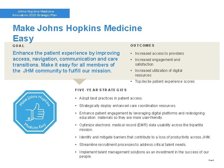 Johns Hopkins Medicine Innovation 2023 Strategic Plan Make Johns Hopkins Medicine Easy GO A