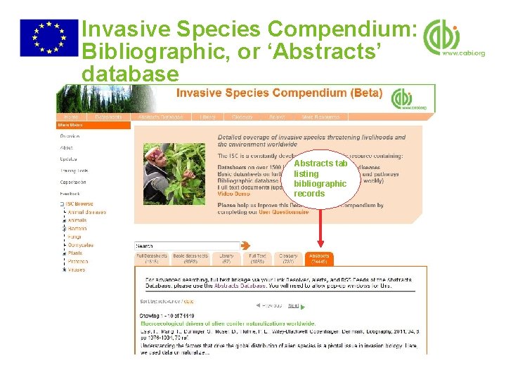 Invasive Species Compendium: Bibliographic, or ‘Abstracts’ database Abstracts tab listing bibliographic records 