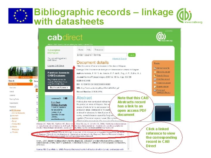 Bibliographic records – linkage with datasheets Note that this CAB Abstracts record has a