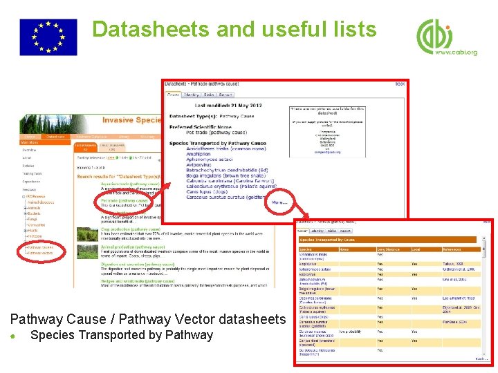 Datasheets and useful lists Pathway Cause / Pathway Vector datasheets ● Species Transported by