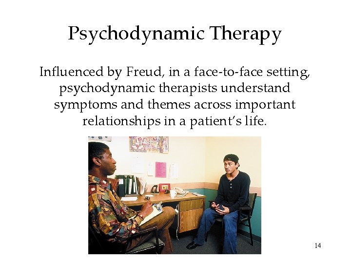 Psychodynamic Therapy Influenced by Freud, in a face-to-face setting, psychodynamic therapists understand symptoms and