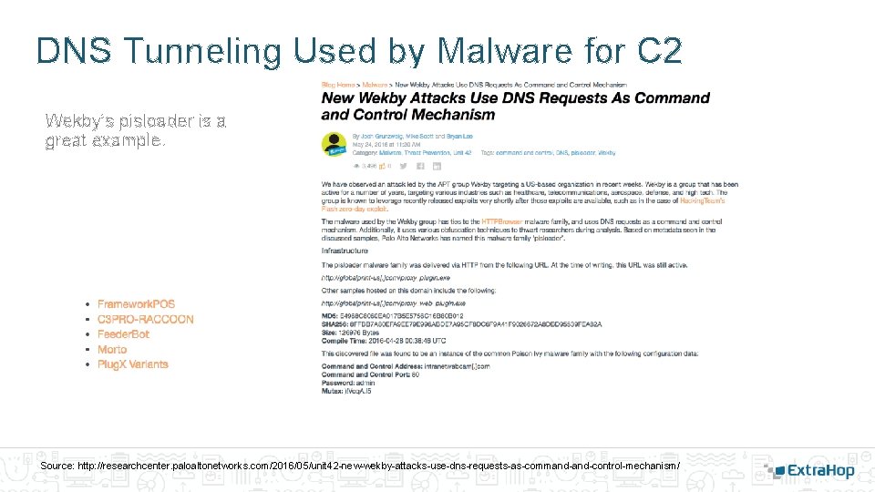 DNS Tunneling Used by Malware for C 2 Wekby’s pisloader is a great example. DNS Tunneling Used by Malware for C 2 Wekby’s pisloader is a great example.