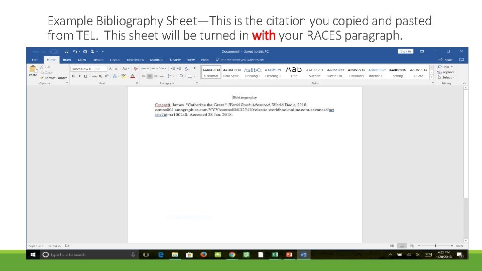 Example Bibliography Sheet—This is the citation you copied and pasted from TEL. This sheet