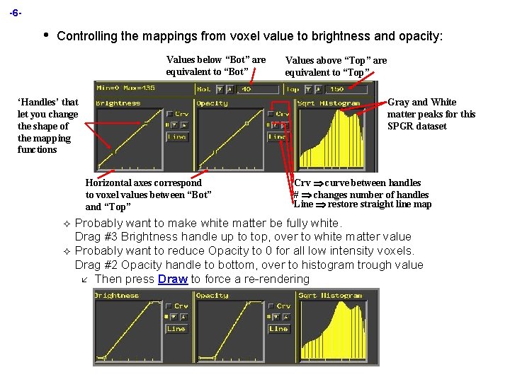 -6 - • Controlling the mappings from voxel value to brightness and opacity: Values