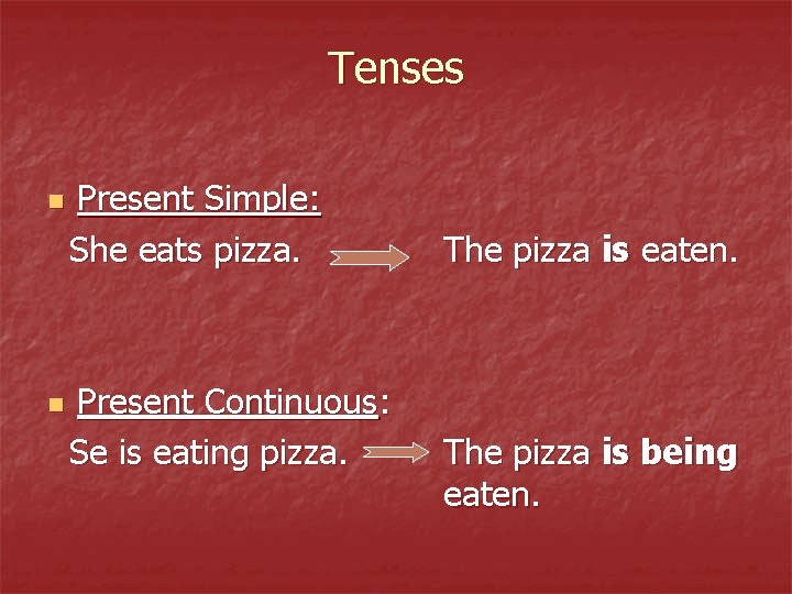 Tenses n n Present Simple: She eats pizza. Present Continuous: Se is eating pizza.