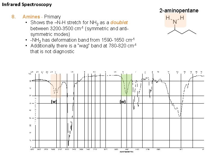 Infrared Spectroscopy 8. 2 -aminopentane Amines - Primary • Shows the –N-H stretch for