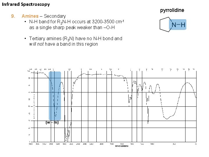 Infrared Spectroscopy 9. Amines – Secondary • N-H band for R 2 N-H occurs