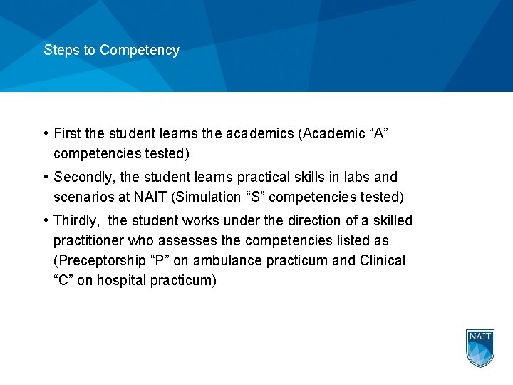 Steps to Competency • First the student learns the academics (Academic “A” competencies tested)