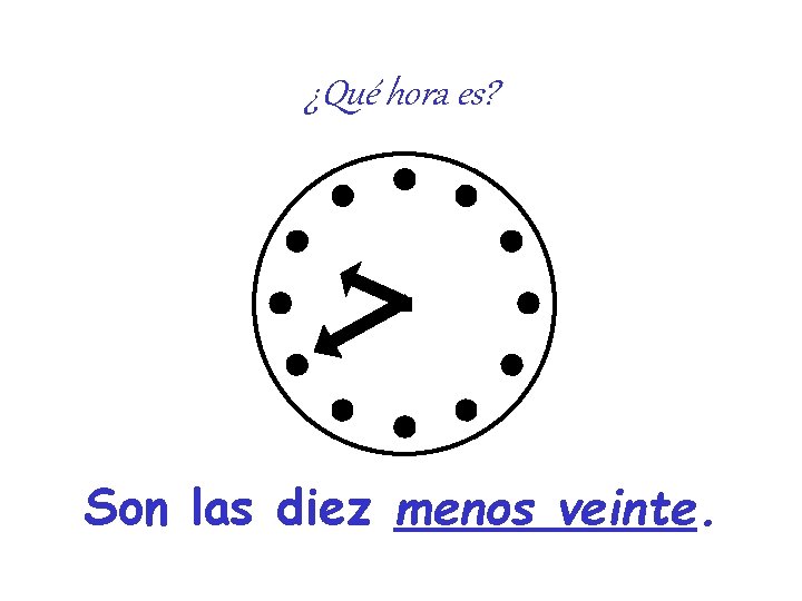 ¿Qué hora es? Son las diez menos veinte. ¿Qué hora es? Son las diez menos veinte.
