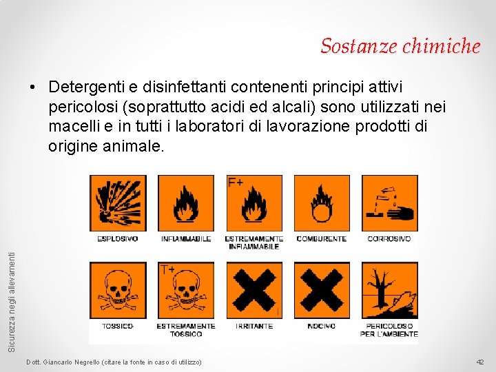 Sostanze chimiche Sicurezza negli allevamenti • Detergenti e disinfettanti contenenti principi attivi pericolosi (soprattutto