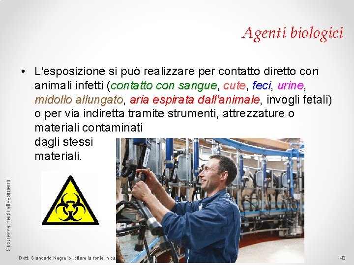 Agenti biologici Sicurezza negli allevamenti • L'esposizione si può realizzare per contatto diretto con