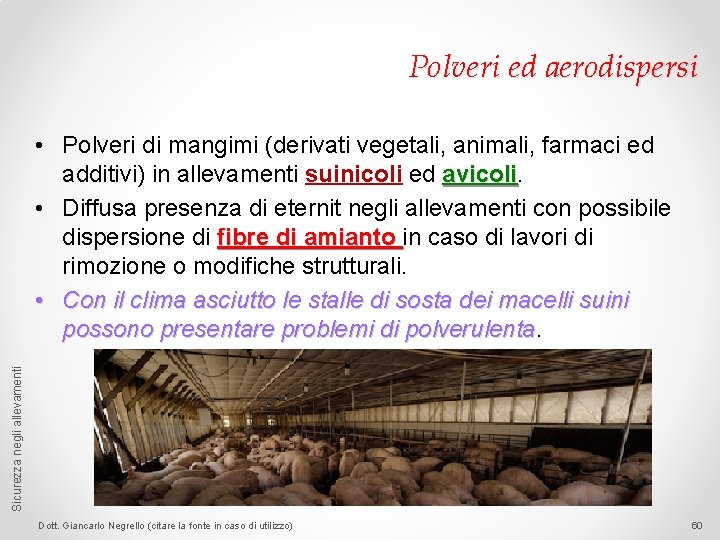 Polveri ed aerodispersi Sicurezza negli allevamenti • Polveri di mangimi (derivati vegetali, animali, farmaci