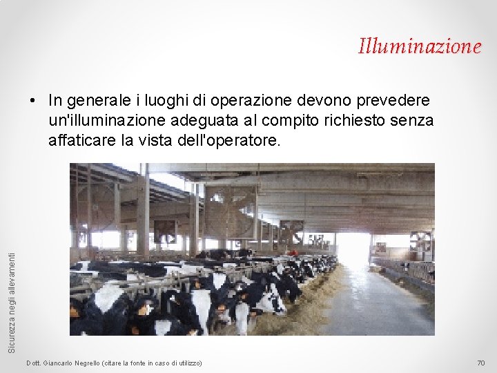 Illuminazione Sicurezza negli allevamenti • In generale i luoghi di operazione devono prevedere un'illuminazione