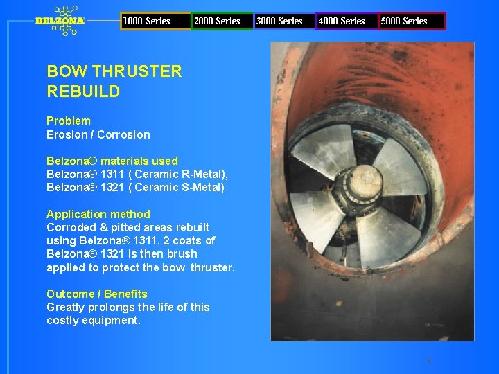 1000 Series 2000 Series BOW THRUSTER REBUILD Problem Erosion / Corrosion Belzona® materials used