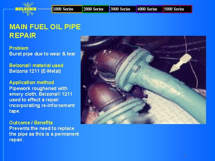 1000 Series MAIN FUEL OIL PIPE REPAIR Problem Burst pipe due to wear &