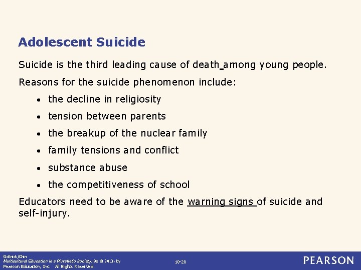 Adolescent Suicide is the third leading cause of death among young people. Reasons for