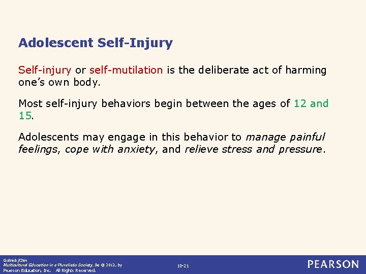 Adolescent Self-Injury Self-injury or self-mutilation is the deliberate act of harming one’s own body.