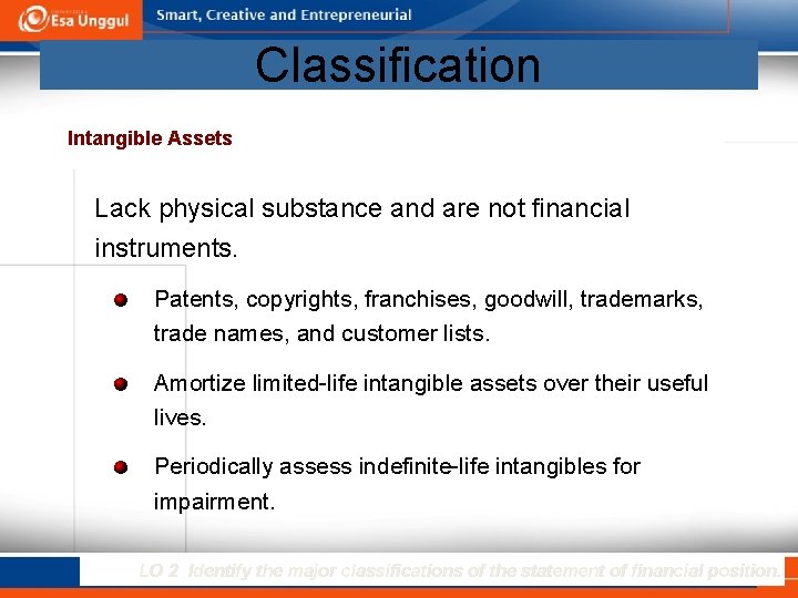 Classification Intangible Assets Lack physical substance and are not financial instruments. Patents, copyrights, franchises,