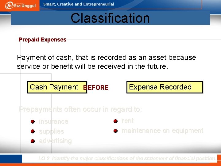Classification Prepaid Expenses Payment of cash, that is recorded as an asset because service