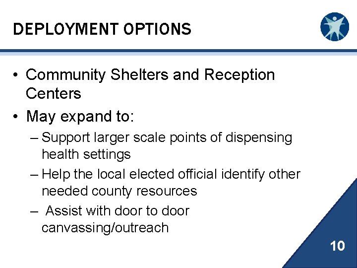 DEPLOYMENT OPTIONS • Community Shelters and Reception Centers • May expand to: – Support