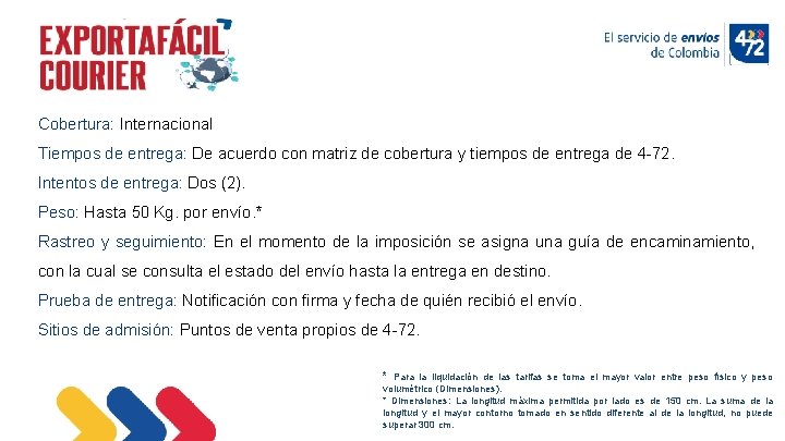 Cobertura: Internacional Tiempos de entrega: De acuerdo con matriz de cobertura y tiempos de