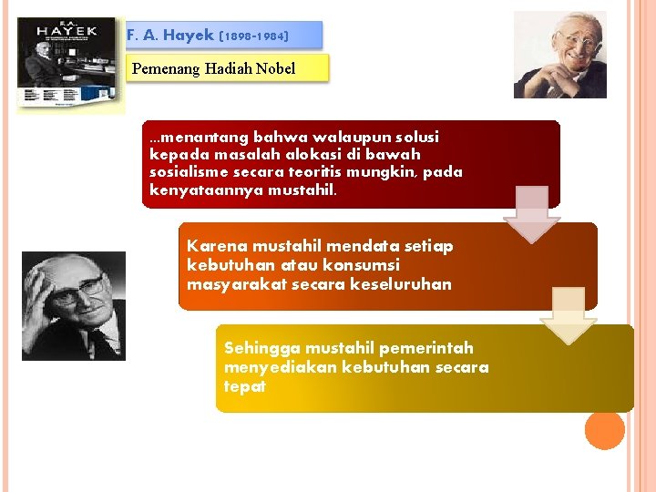 F. A. Hayek (1898 -1984) Pemenang Hadiah Nobel . . . menantang bahwa walaupun